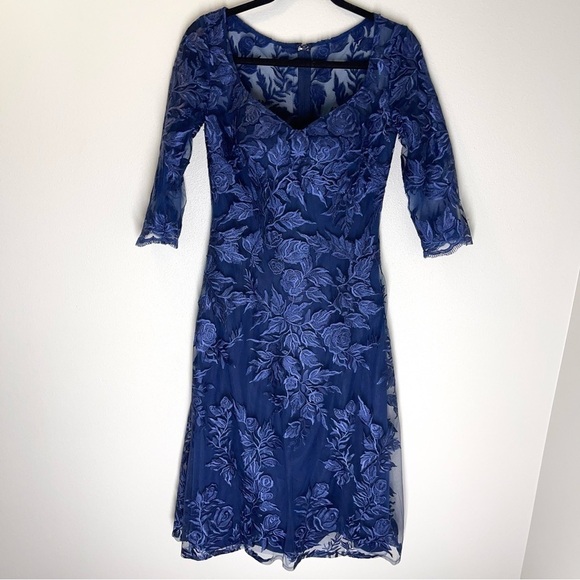 La Femme Floral Embroidered Mesh A-Line Dress Deep Navy Blue Size 2 Women's